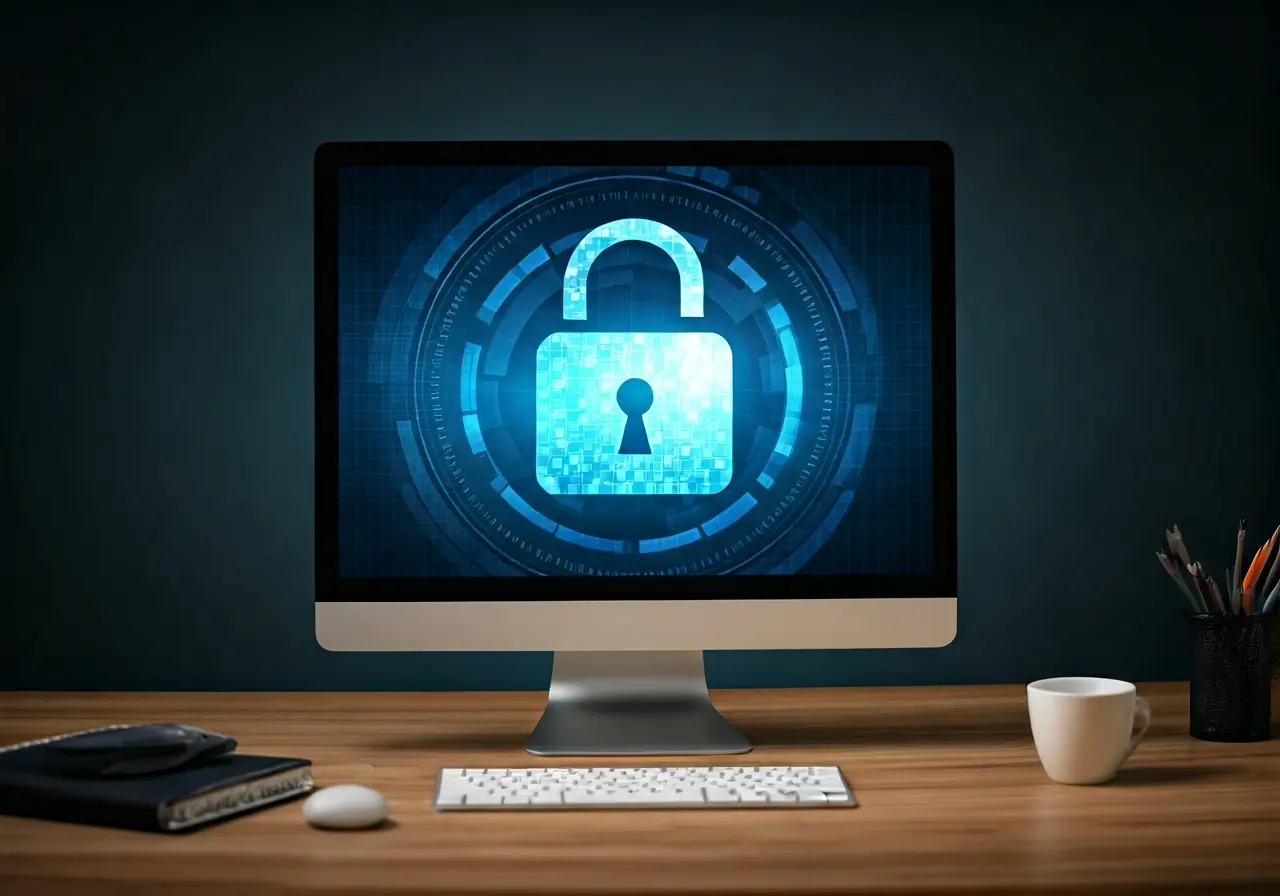 A computer screen displaying a padlock symbol in an office. 35mm stock photo