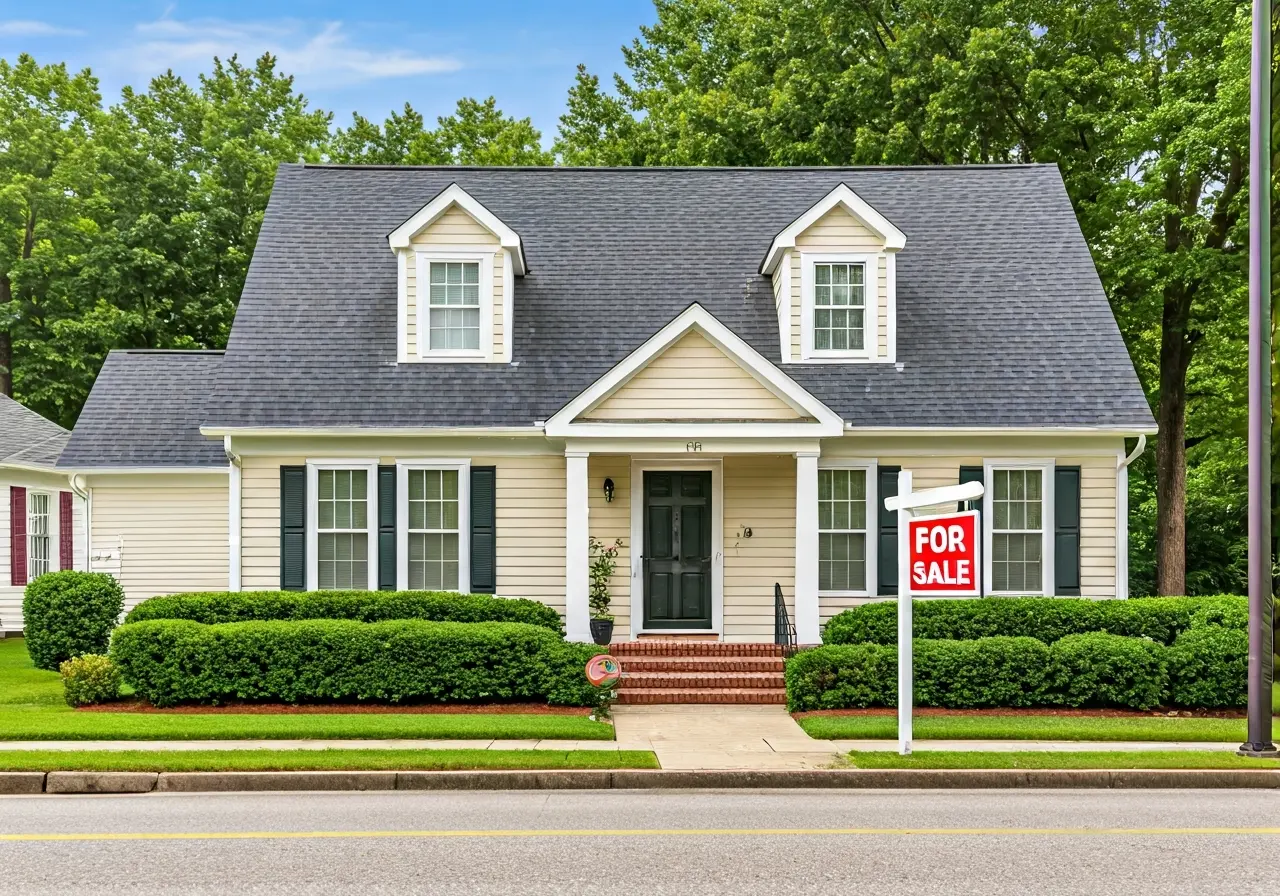 A cozy Virginia home with a For Sale sign. 35mm stock photo