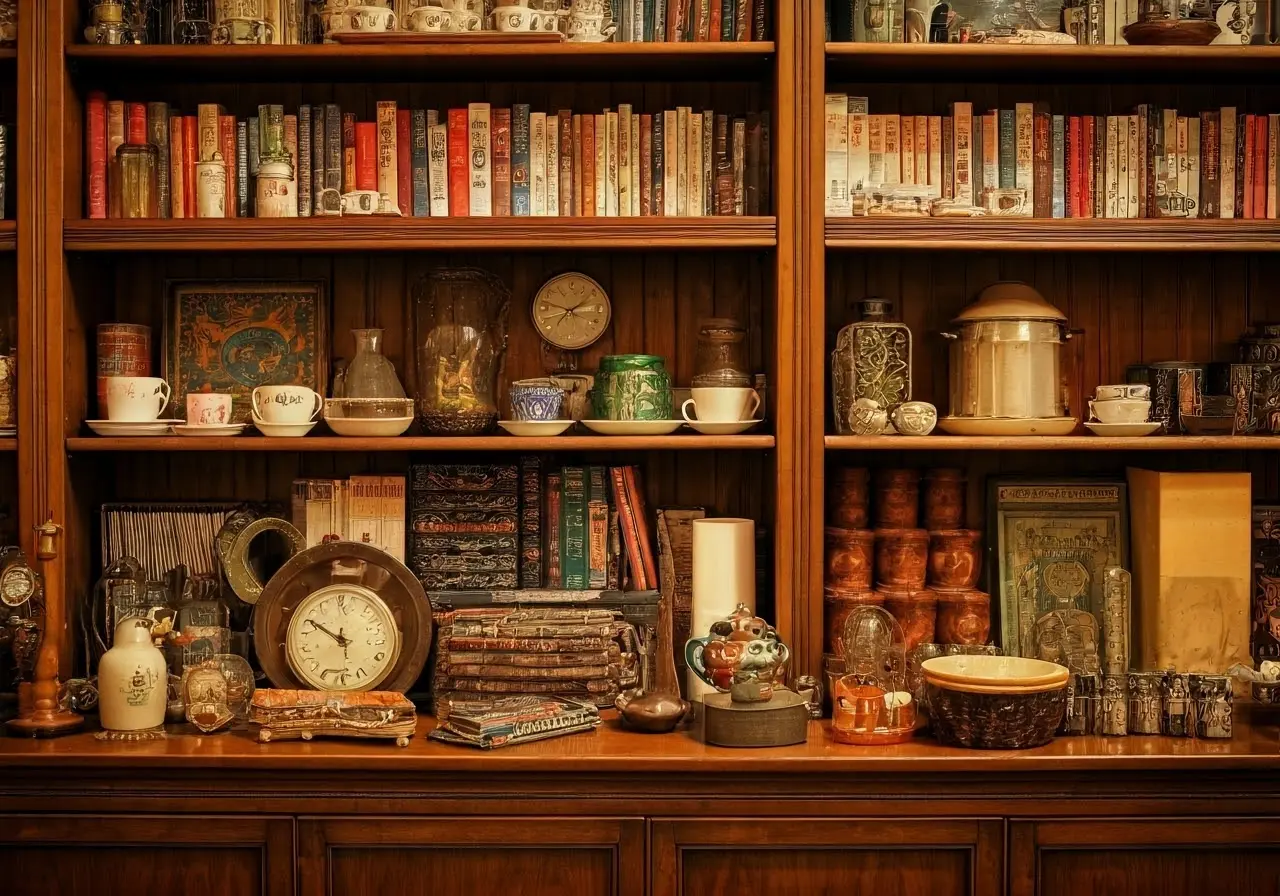 A diverse collection of items displayed on crowded shelves. 35mm stock photo