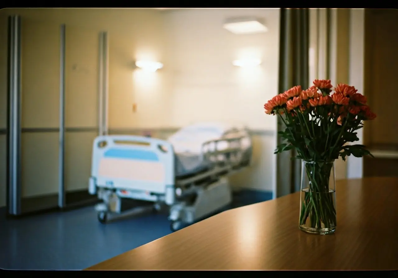 A calm hospital room with soothing, soft lighting and flowers. 35mm stock photo