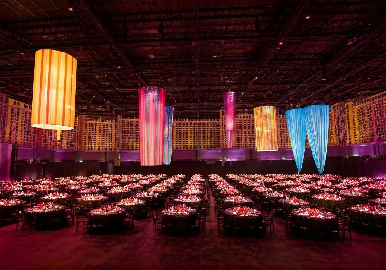 A bustling Las Vegas event venue with colorful decorations. 35mm stock photo
