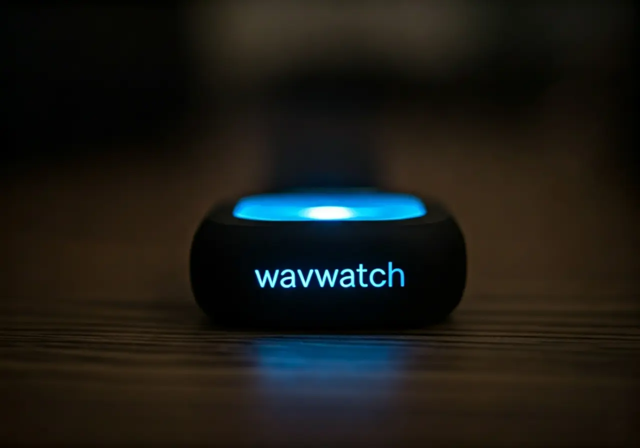 A sleek Wavwatch device emitting calming blue light. 35mm stock photo