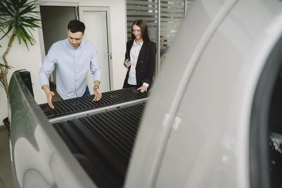 Salesman and client inspecting a pickup truck in a car dealership, discussing features.