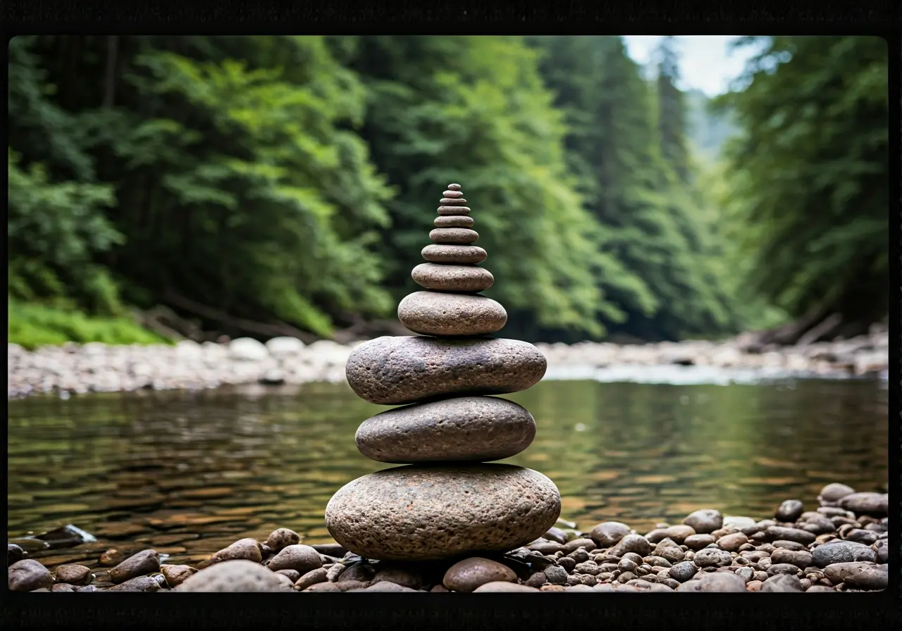A tranquil balance stone stack by a serene river. 35mm stock photo