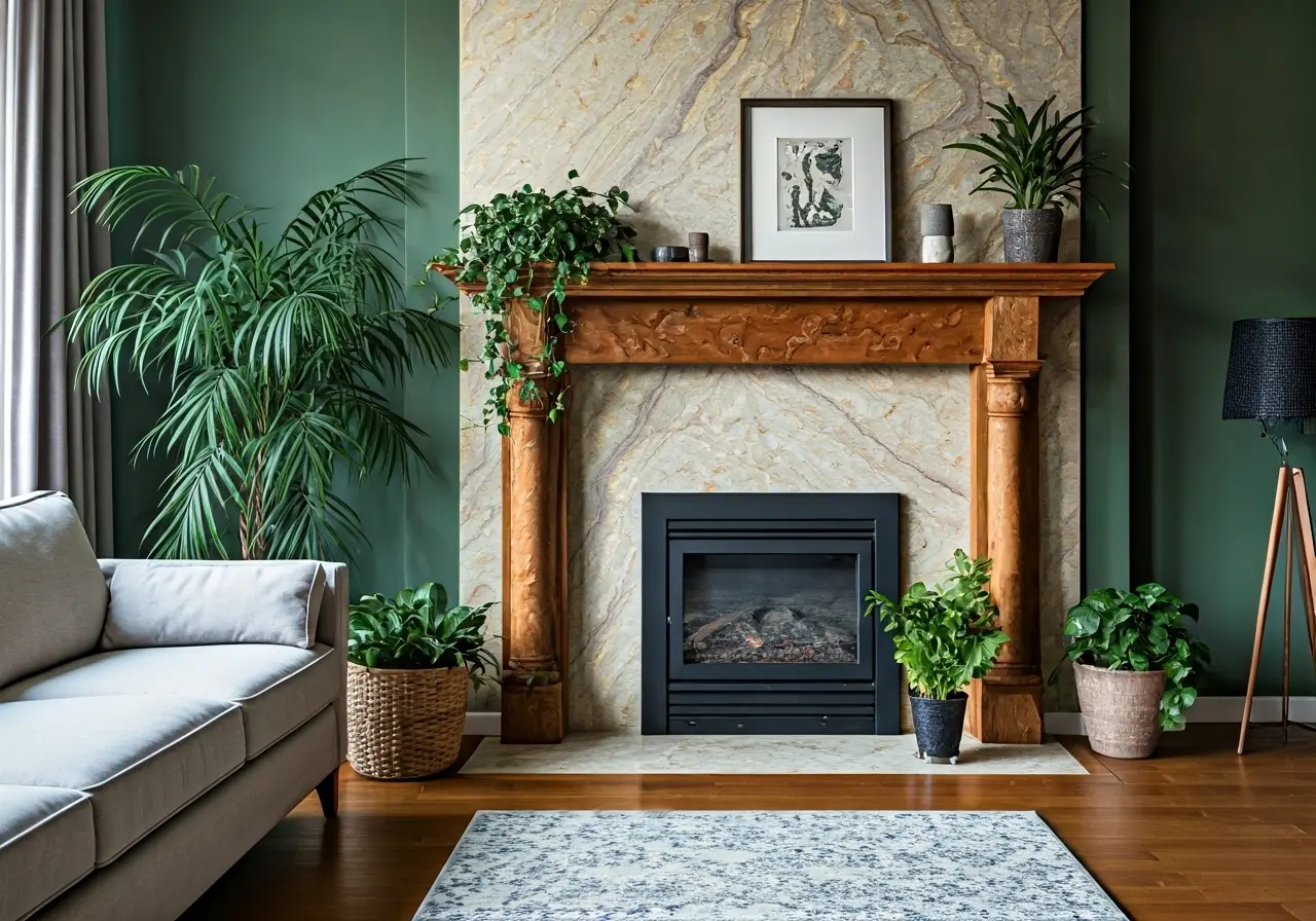 A cozy living room with Sierra Onyx accents and plants. 35mm stock photo