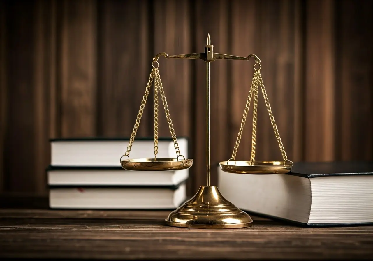 Scales of justice with law books in the background. 35mm stock photo