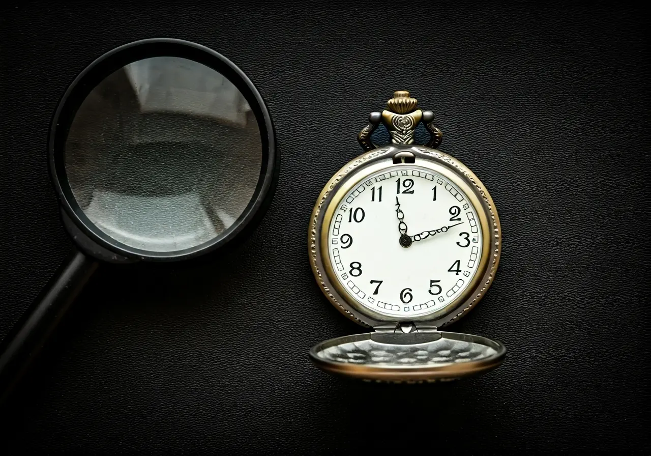 An antique pocket watch placed beside a magnifying glass. 35mm stock photo