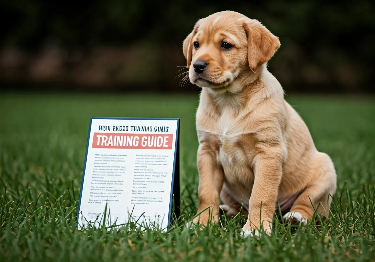A cute puppy sitting obediently next to a training guide. 35mm stock photo