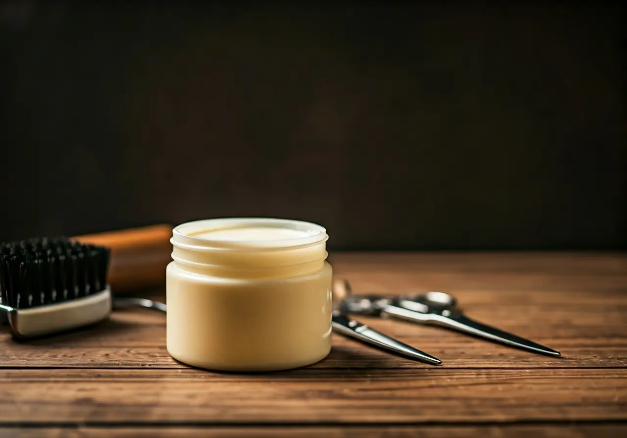 A jar of shea butter next to barber tools. 35mm stock photo