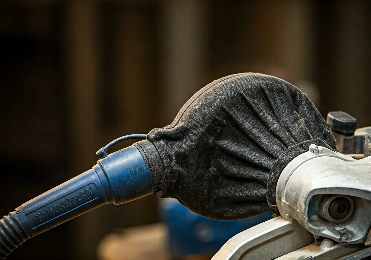 A close-up of a high-tech vacuum attachment on a saw. 35mm stock photo
