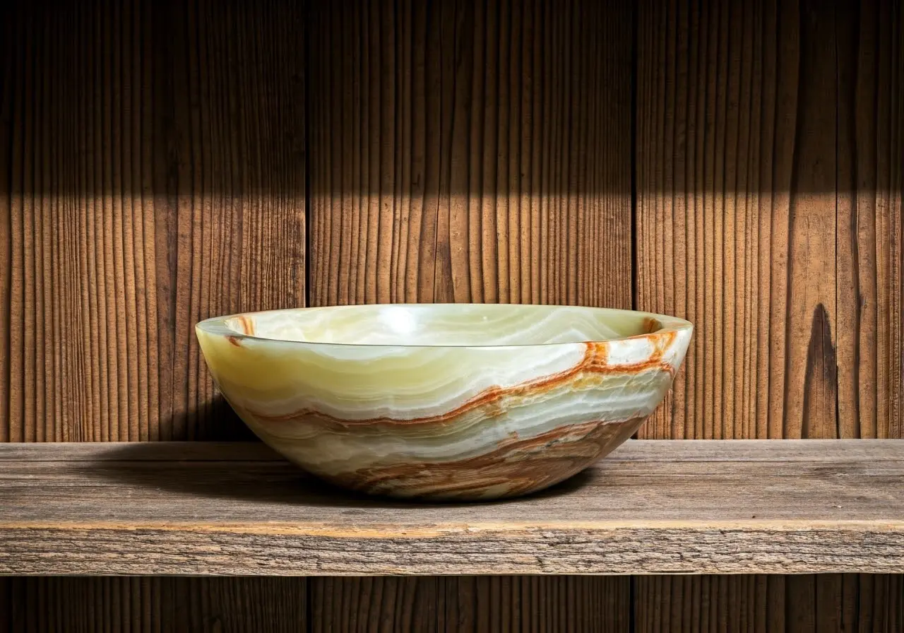 A polished onyx bowl displayed on a rustic wooden shelf. 35mm stock photo