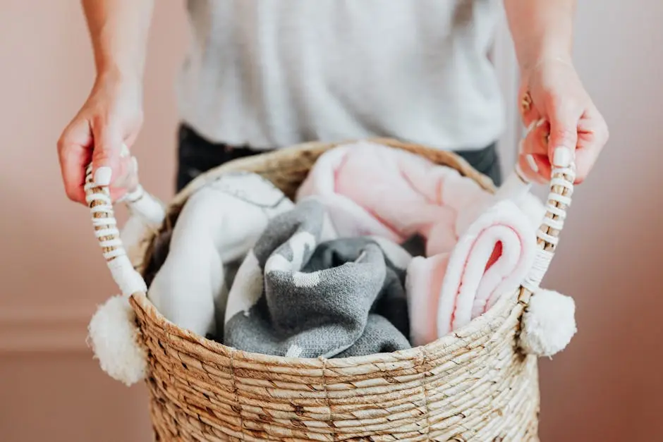 Close-up of hands holding a woven basket full of soft baby blankets indoors.