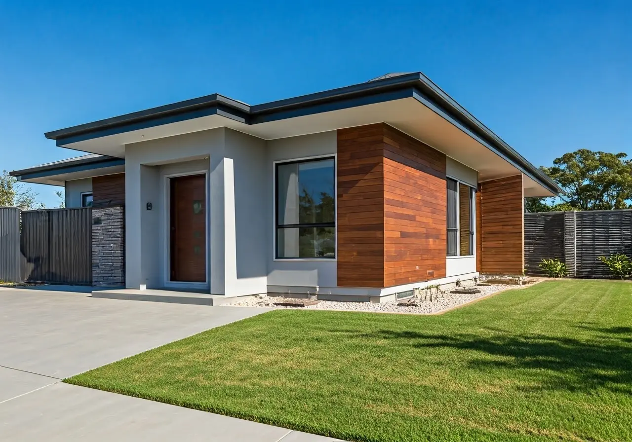 A modern home exterior with a prominent security alarm system. 35mm stock photo