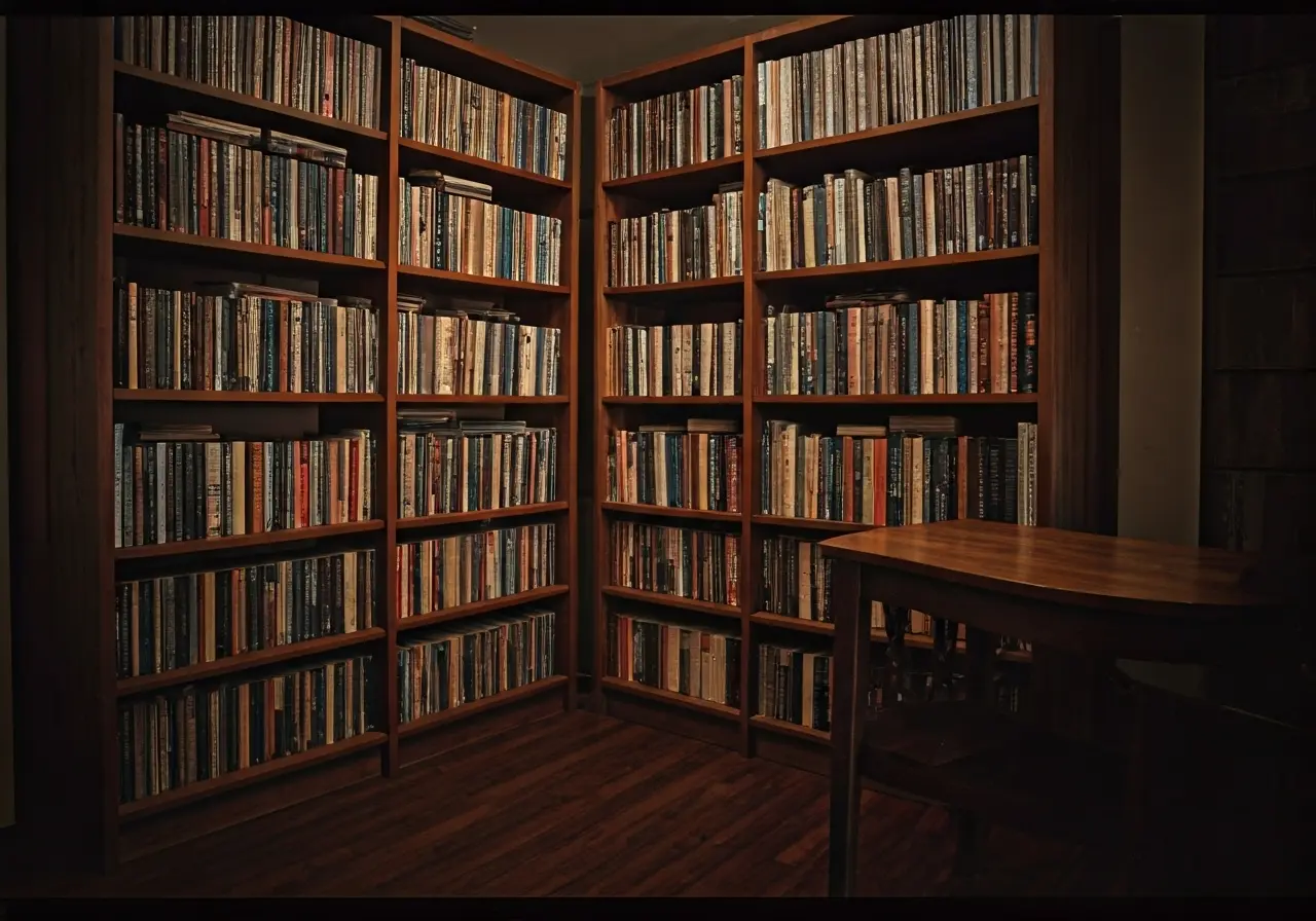 A serene library filled with mystical, colorful spiritual books. 35mm stock photo