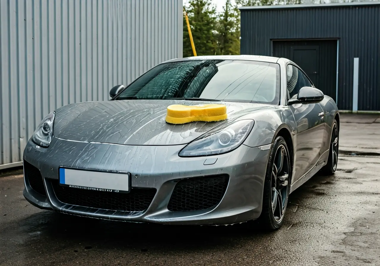 A gleaming car being washed with a sponge outdoors. 35mm stock photo