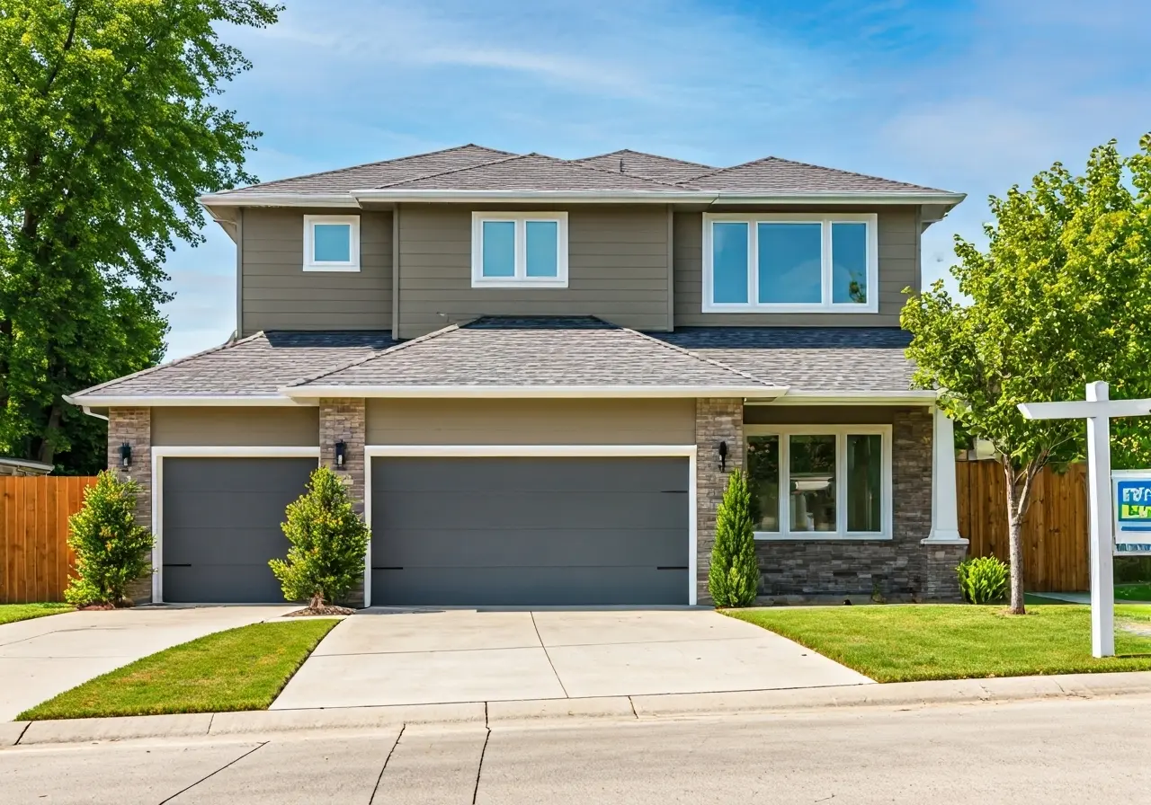 A modern house with a visible For Rent sign. 35mm stock photo