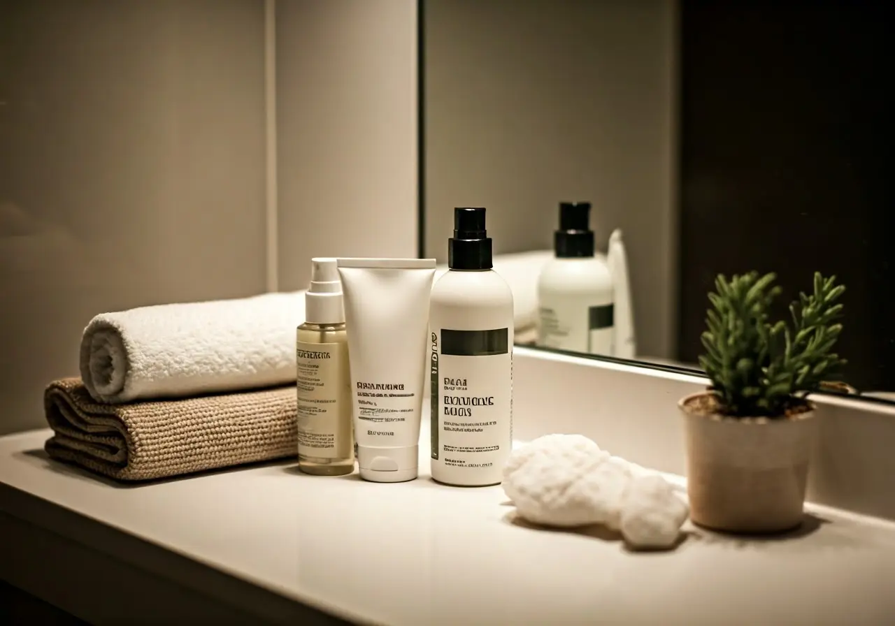 A serene bathroom counter with various haircare products displayed. 35mm stock photo