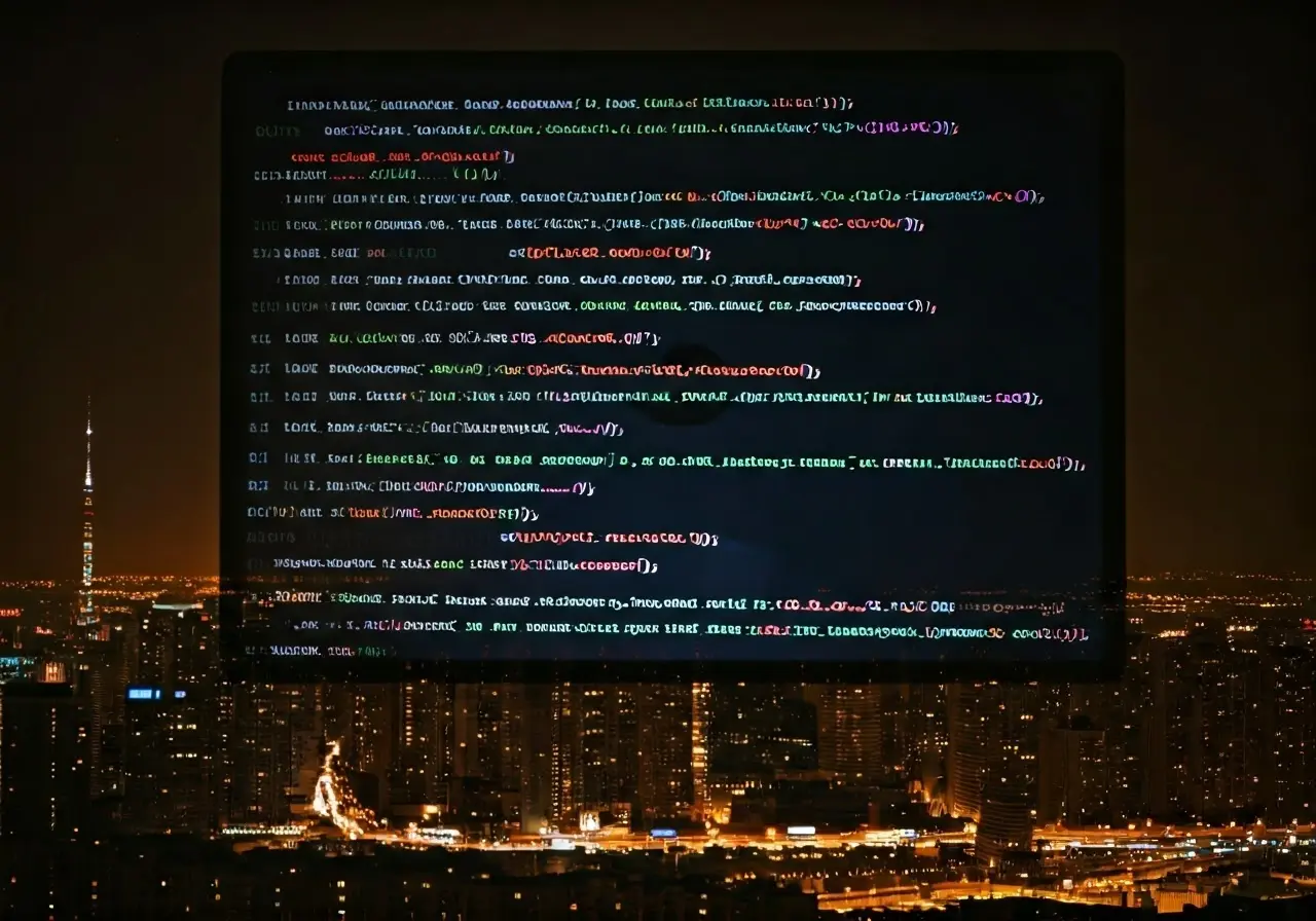 A computer screen displaying complex code against a city skyline. 35mm stock photo