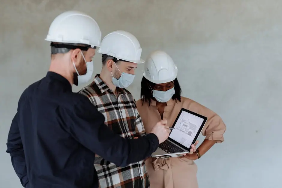 Group of diverse architects with safety gear examining building plans on a laptop.