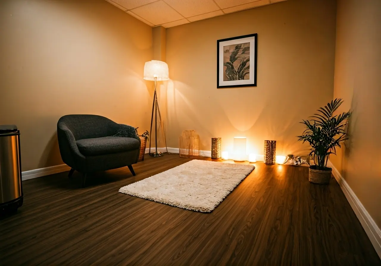 A cozy therapy room with calming decor and soft lighting. 35mm stock photo