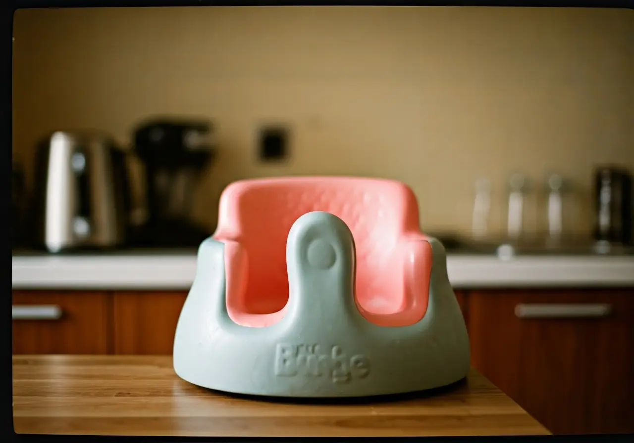 A close-up of a Bumbo seat on a kitchen counter. 35mm stock photo