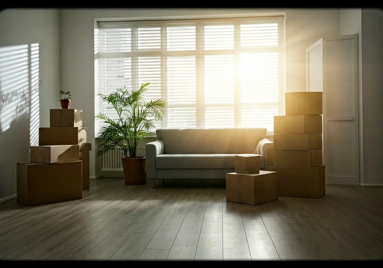 A serene living room with moving boxes and sunlight streaming. 35mm stock photo