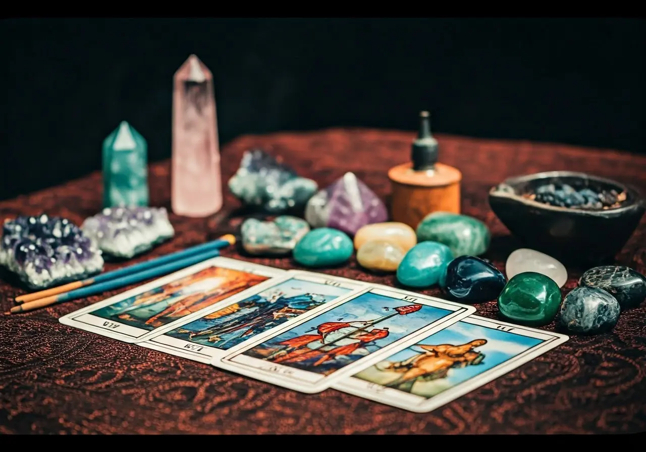 A display of colorful crystals, incense, and tarot cards. 35mm stock photo
