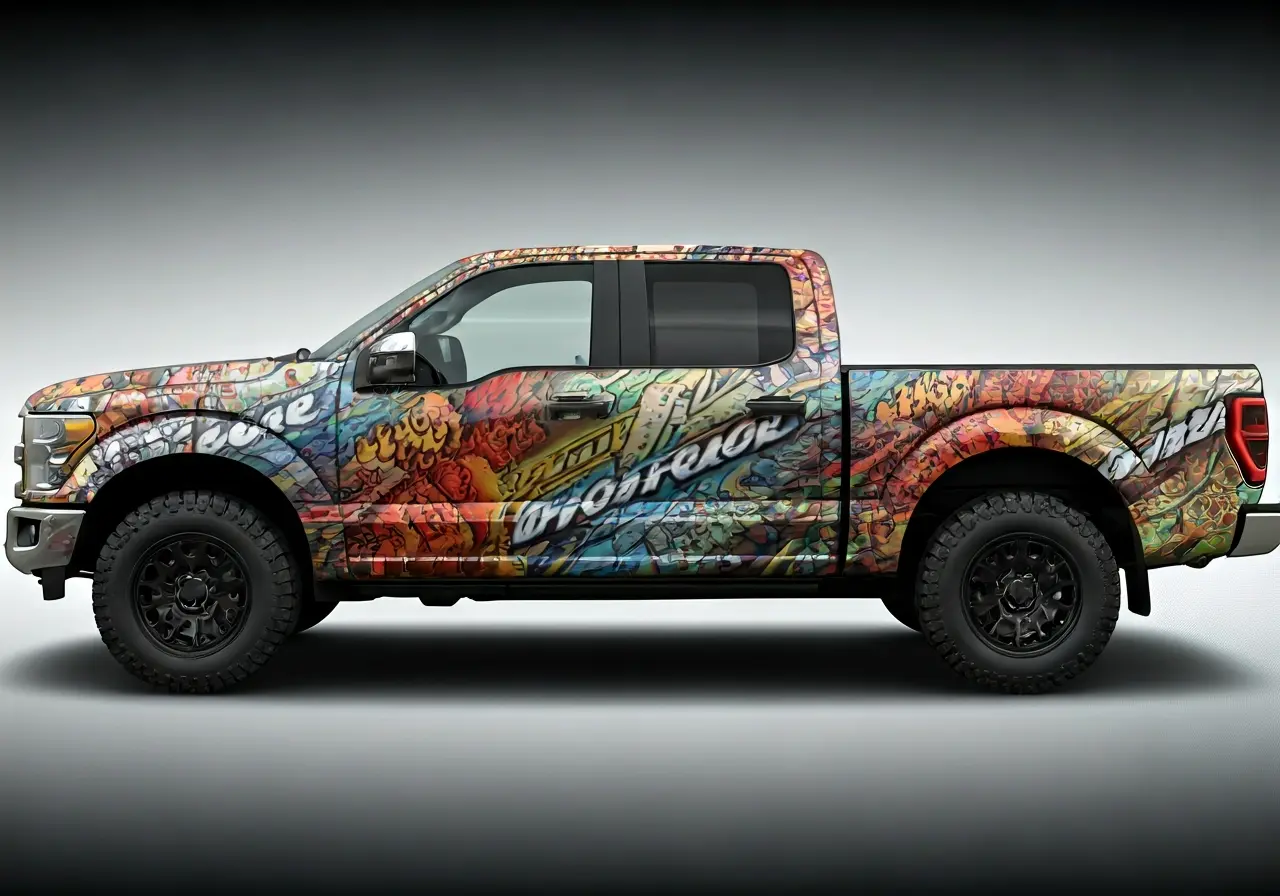 A vibrant truck with a detailed, colorful graphic wrap. 35mm stock photo