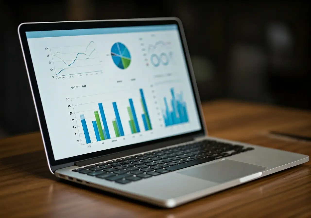 A laptop displaying business strategy charts and financial graphs. 35mm stock photo