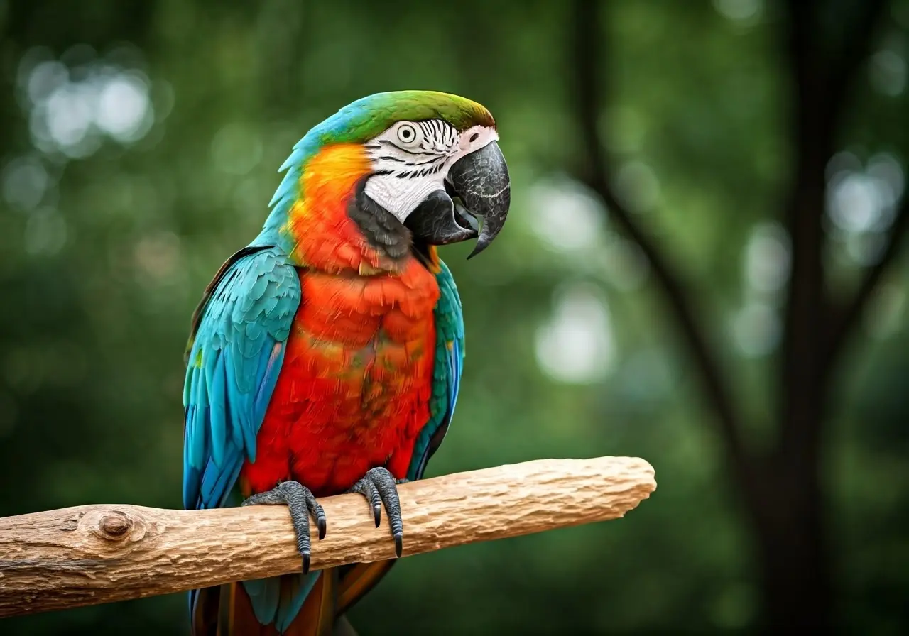 A colorful parrot perched on a branch during a show. 35mm stock photo