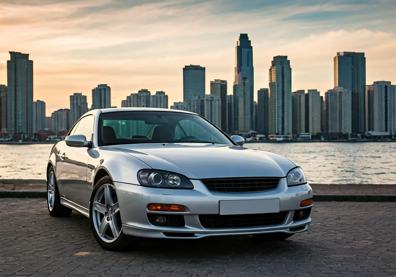 A shiny car with a city skyline in the background. 35mm stock photo