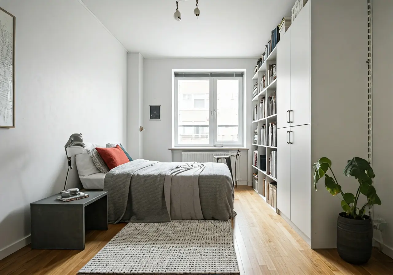 A cozy, organized small apartment with smart storage solutions. 35mm stock photo