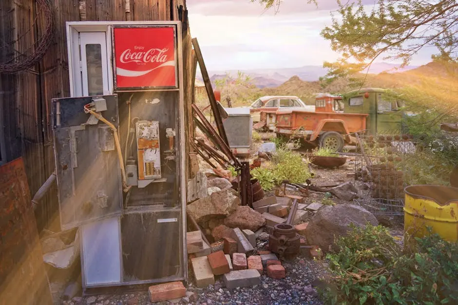 Rusty vintage vehicles and an old coke vending machine in a rural junkyard.