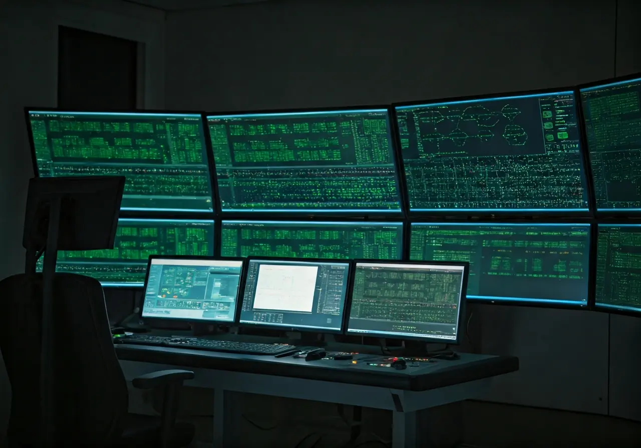 A sleek security control room with multiple monitors displaying data. 35mm stock photo