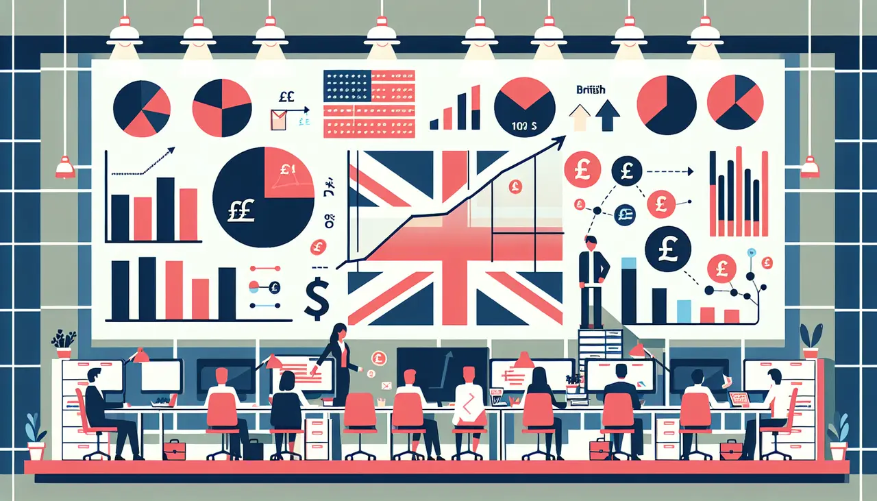 Draw a graphic in flat design style. A flat design illustration of a UK business office with charts, cash flow diagrams, and British currency symbols subtly integrated.