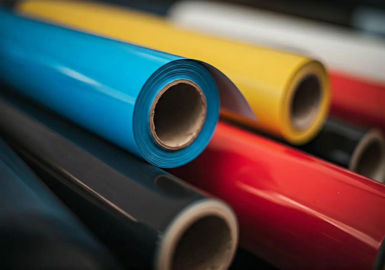 A close-up of colorful vinyl rolls for car wraps. 35mm stock photo
