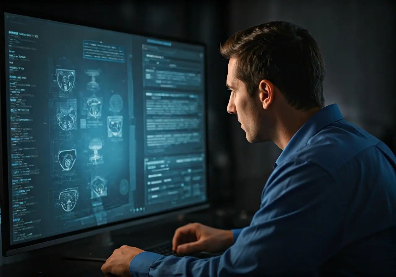 A security guard monitoring surveillance cameras on a modern screen. 35mm stock photo