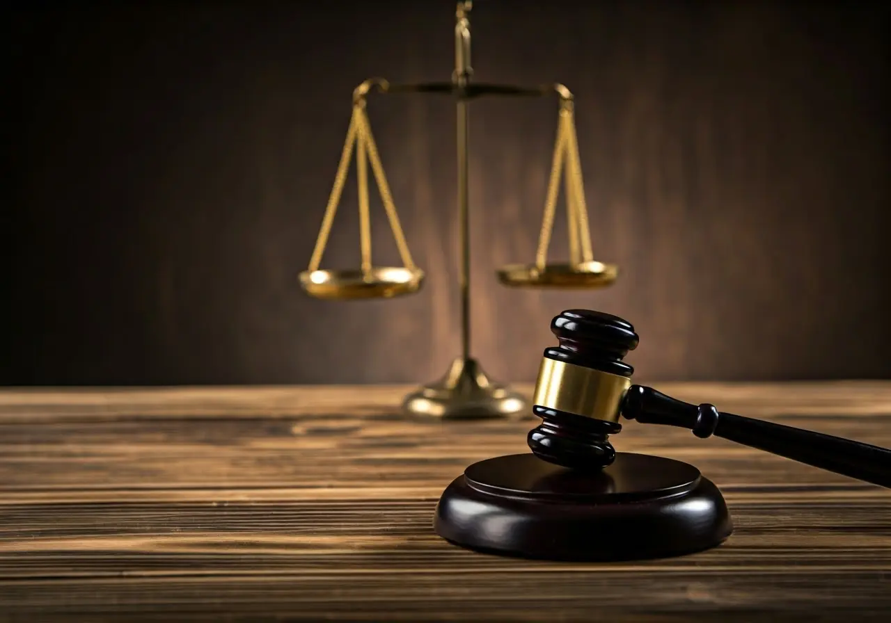 A gavel and scales of justice on a wooden table. 35mm stock photo