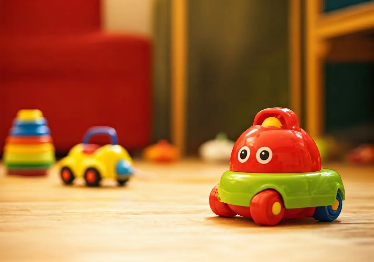 A vibrant playroom with various colorful baby toys scattered around. 35mm stock photo