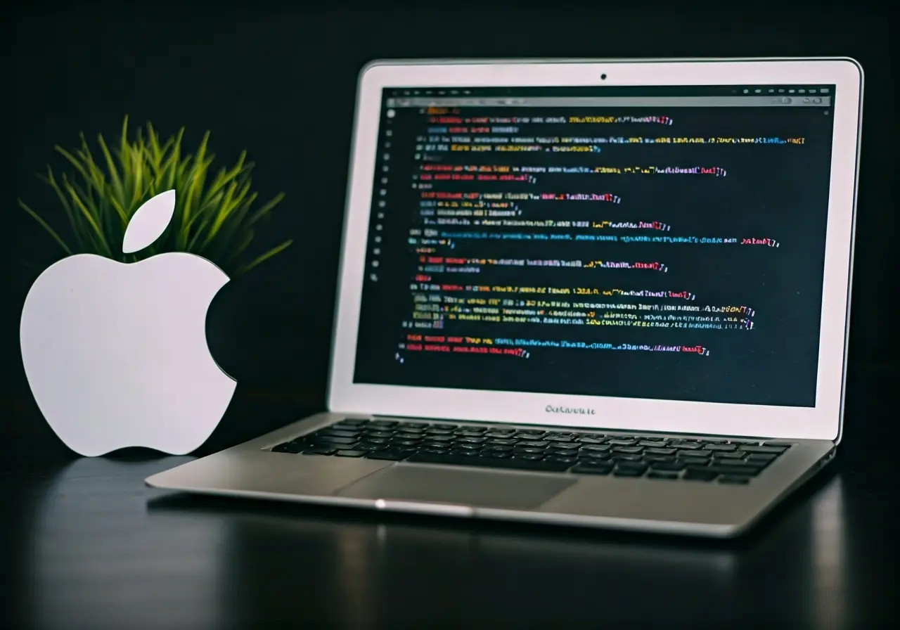 A laptop displaying iOS code with an Apple logo nearby. 35mm stock photo