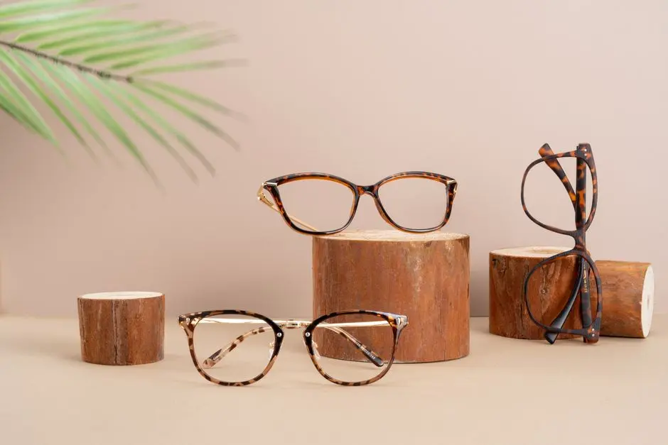 Chic glasses on wooden stands with a fern leaf backdrop, showcasing modern eyewear.