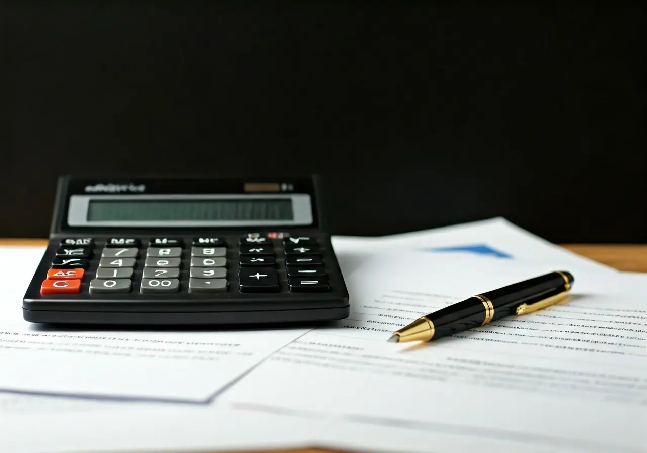 A calculator, financial documents, and a pen on a desk. 35mm stock photo