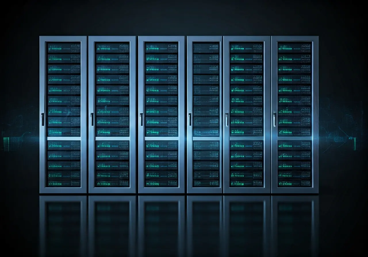 A network of servers interconnected in a futuristic digital grid. 35mm stock photo