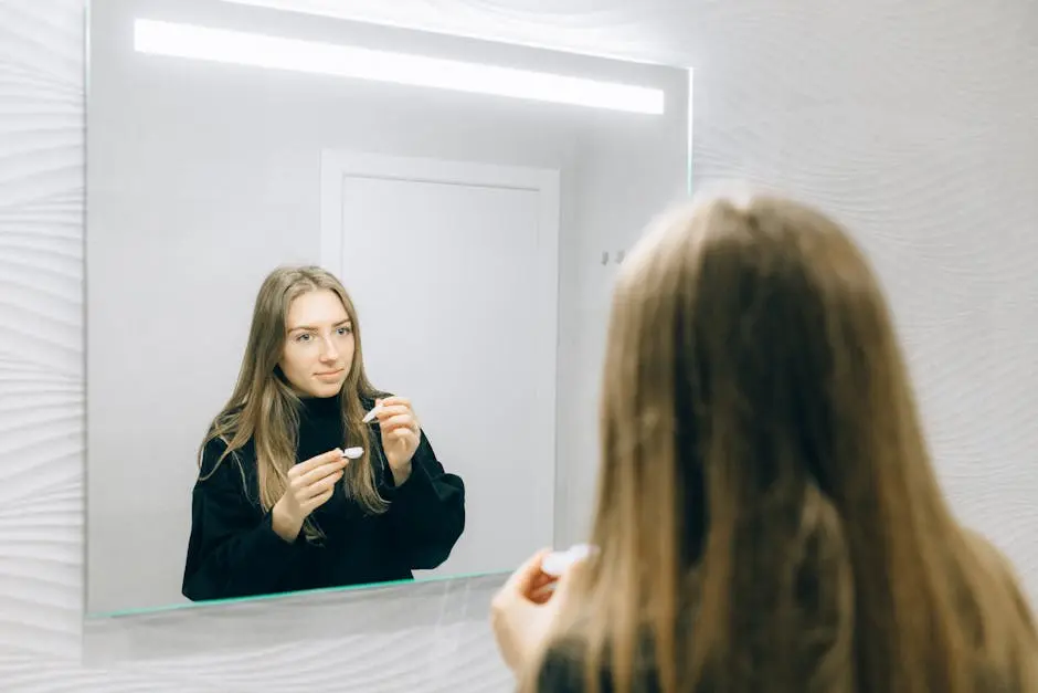 A young woman is seen applying a contact lens while looking in a mirror indoors.