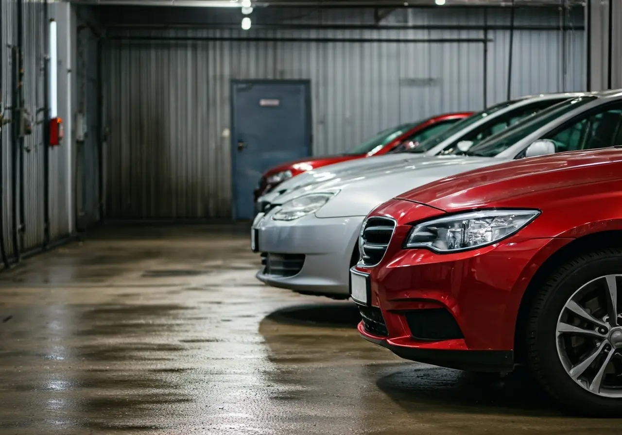 A row of gleaming cars in a professional car wash. 35mm stock photo