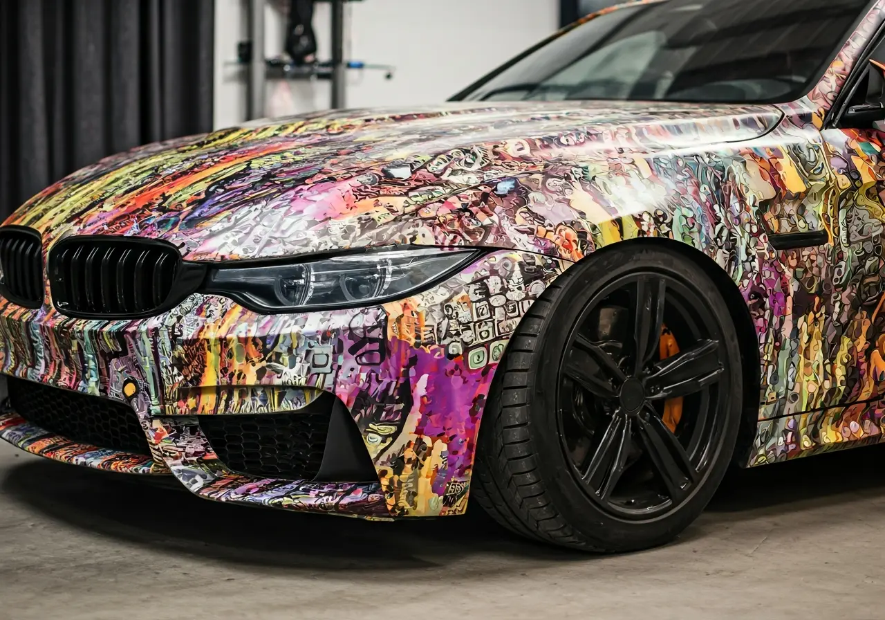 A colorful car wrap being applied to a vehicle. 35mm stock photo