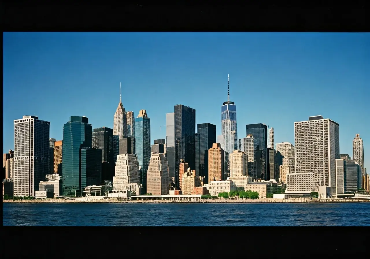 A skyline view of New York City with modern skyscrapers. 35mm stock photo