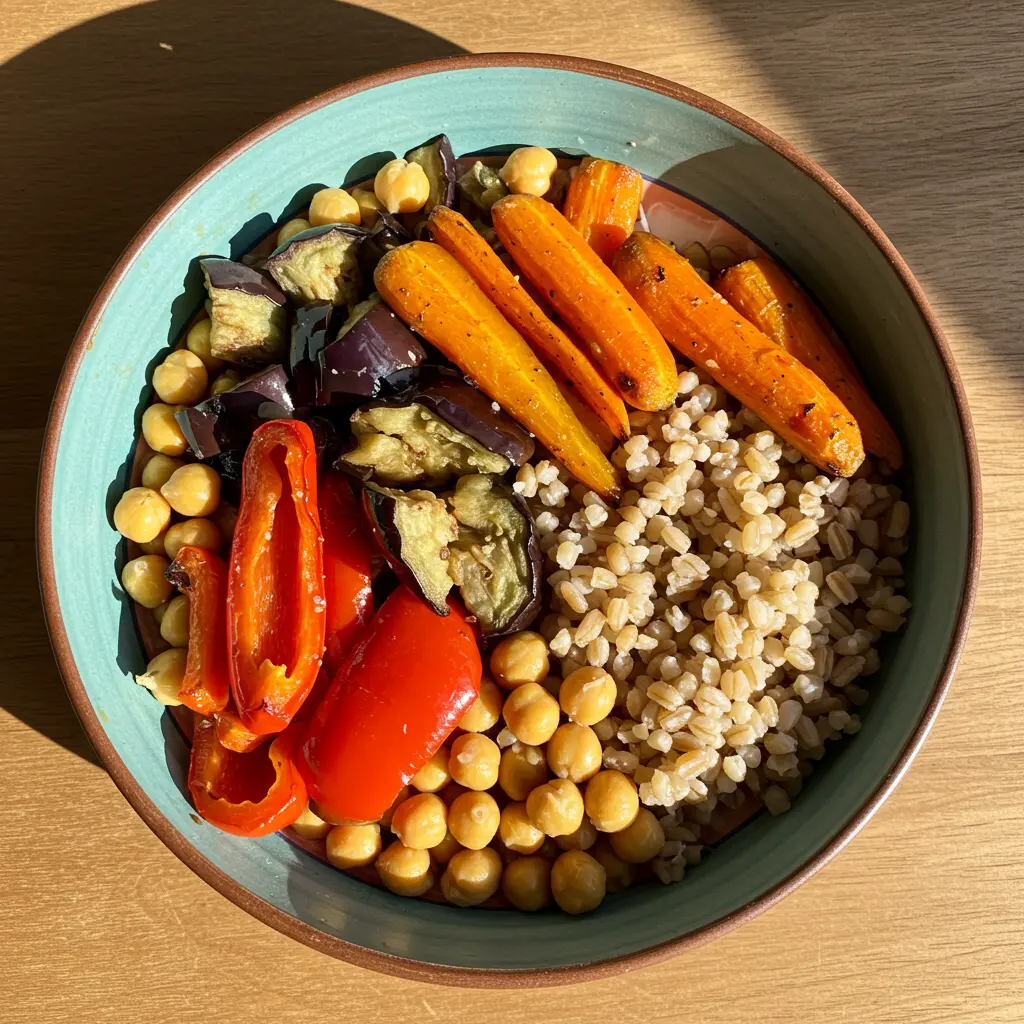 Bowl with chickpeas, roasted vegetables, and farro.
