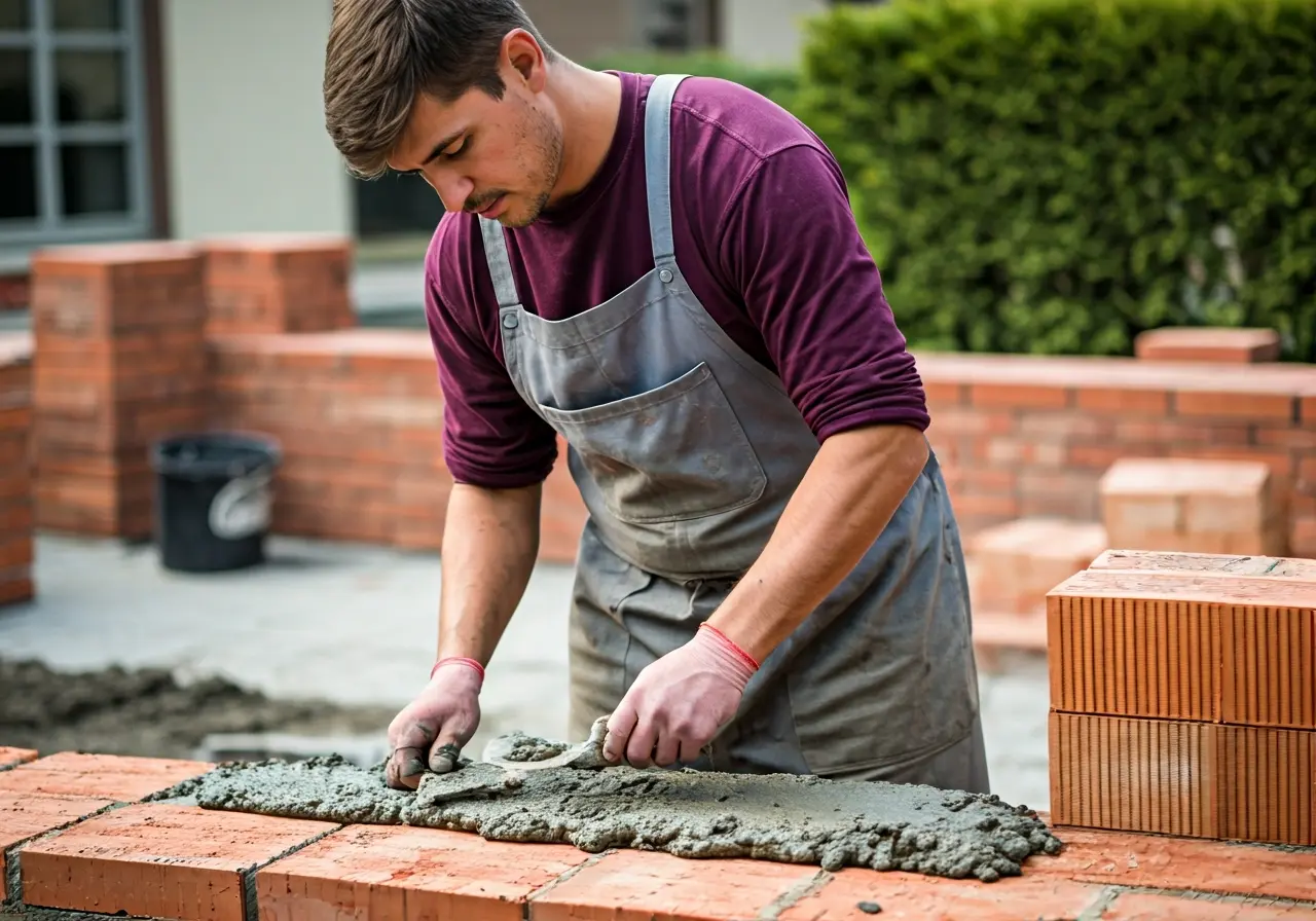 A skilled mason working with bricks and mortar outdoors. 35mm stock photo