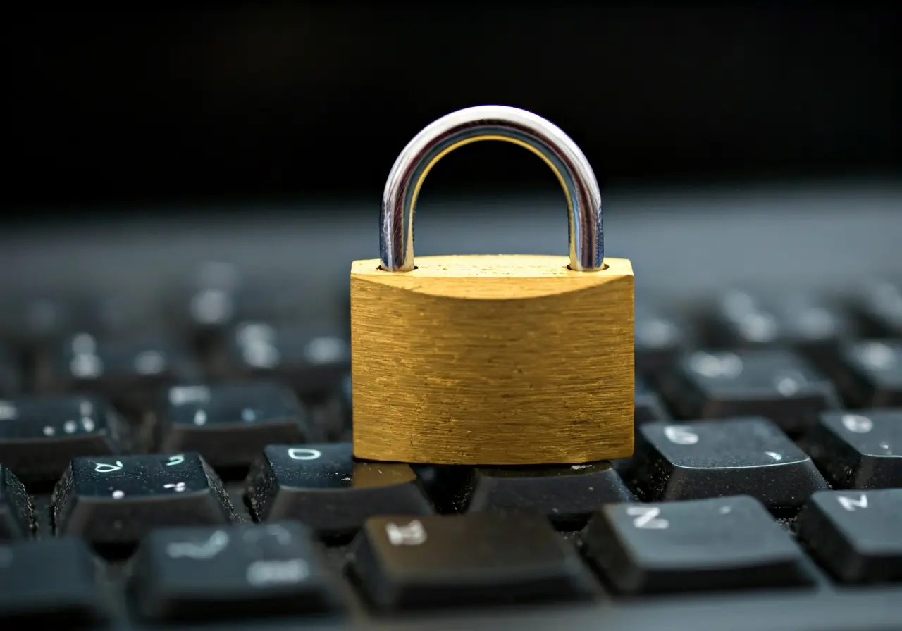A close-up of a padlock on a computer keyboard. 35mm stock photo